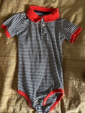 OshKosh B'gosh Navy & White Striped Polo One-Piece with Red Trim